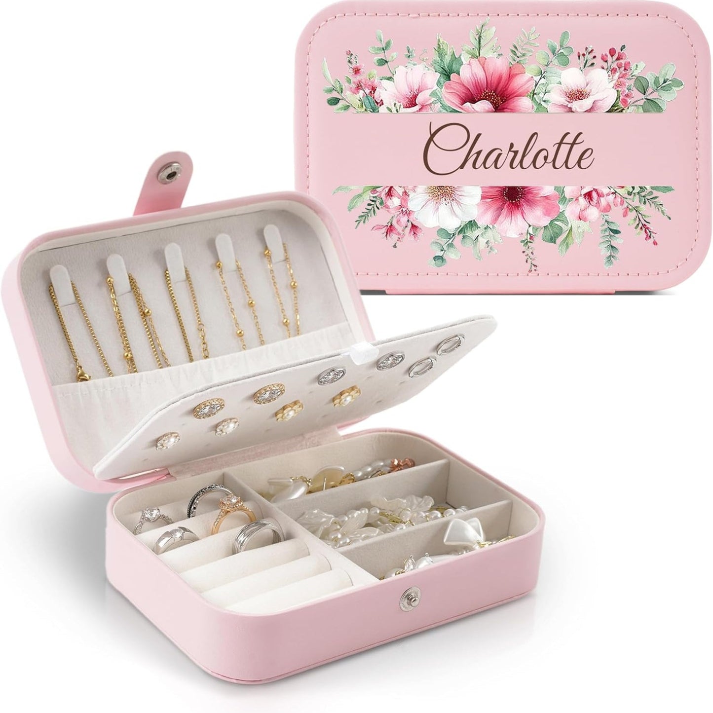 Individuell gestaltbare Harper Schmuckschatulle – Deckel mit Namen und Blumenmuster personalisieren