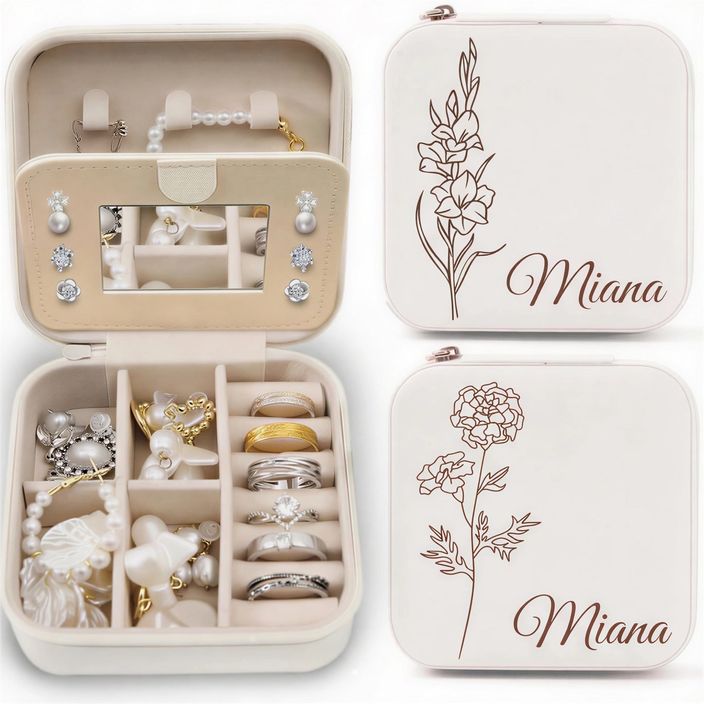 Personalisierte Schmuckschatulle – Individueller Name &amp; zarte, liniengezeichnete Blumenstrauß-Erinnerung mit Spiegel