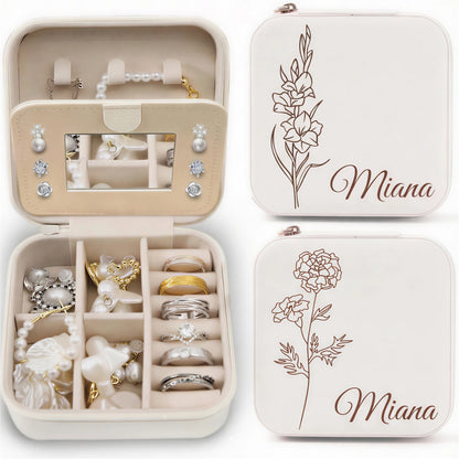 Personalisierte Schmuckschatulle – Individueller Name &amp; zarte, liniengezeichnete Blumenstrauß-Erinnerung mit Spiegel