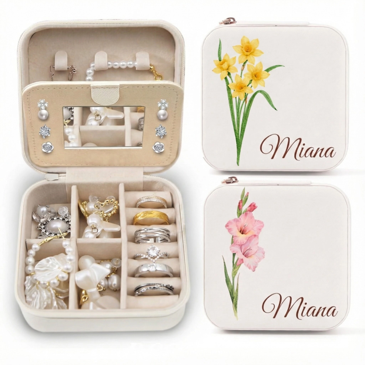 Personalisierte Schmuckschatulle – Individueller Name &amp; farbenfrohes Blumenbouquet-Motiv, inklusive Spiegel