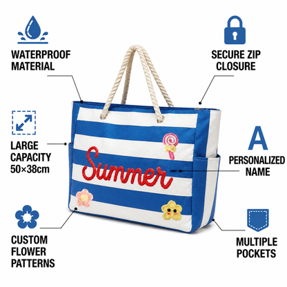 Custom Name Striped Beach Bag: Large Waterproof Vacation Tote