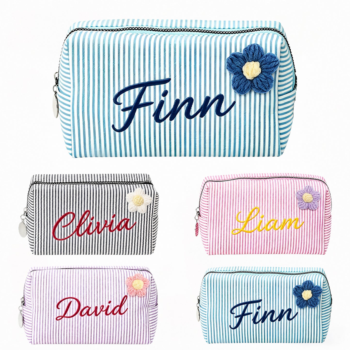 Custom Name Striped Makeup Bag: Handmade Crochet Flower Pouch
