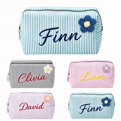 Custom Name Striped Makeup Bag: Handmade Crochet Flower Pouch