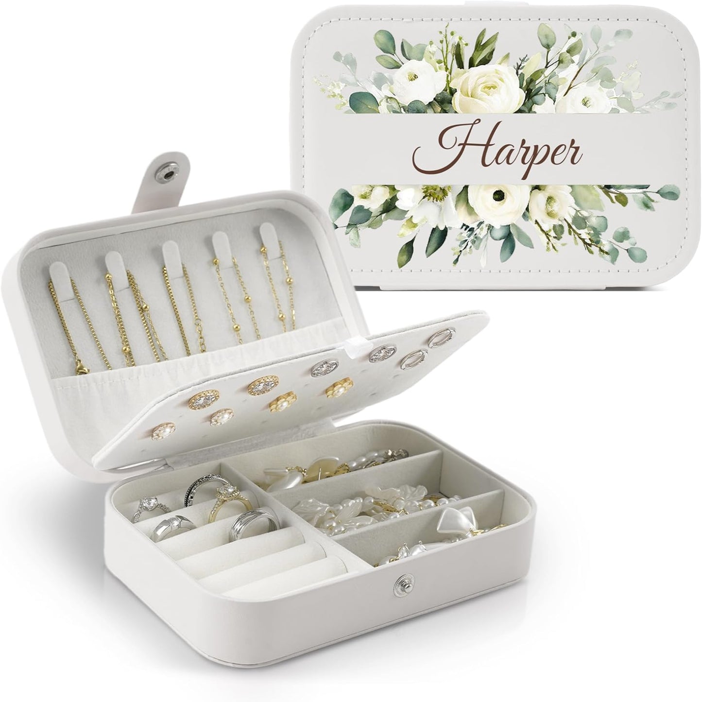 Individuell gestaltbare Harper Schmuckschatulle – Deckel mit Namen und Blumenmuster personalisieren