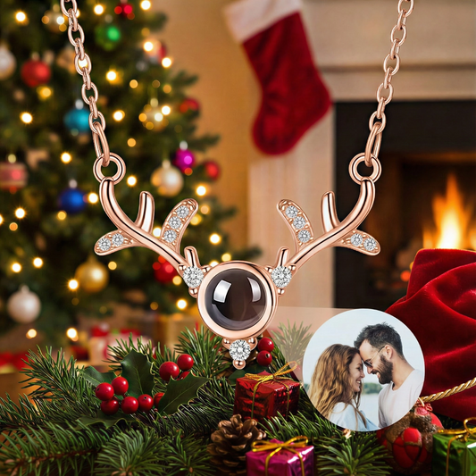 X'mas Deer Antler Photo Locket Necklace - Personalized Keepsake Jewelry with Picture Inside