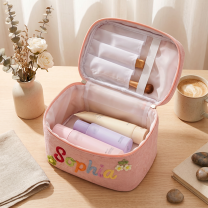 Custom Rainbow Name Corduroy Makeup Bag: Embroidered Large Travel Cosmetic Case