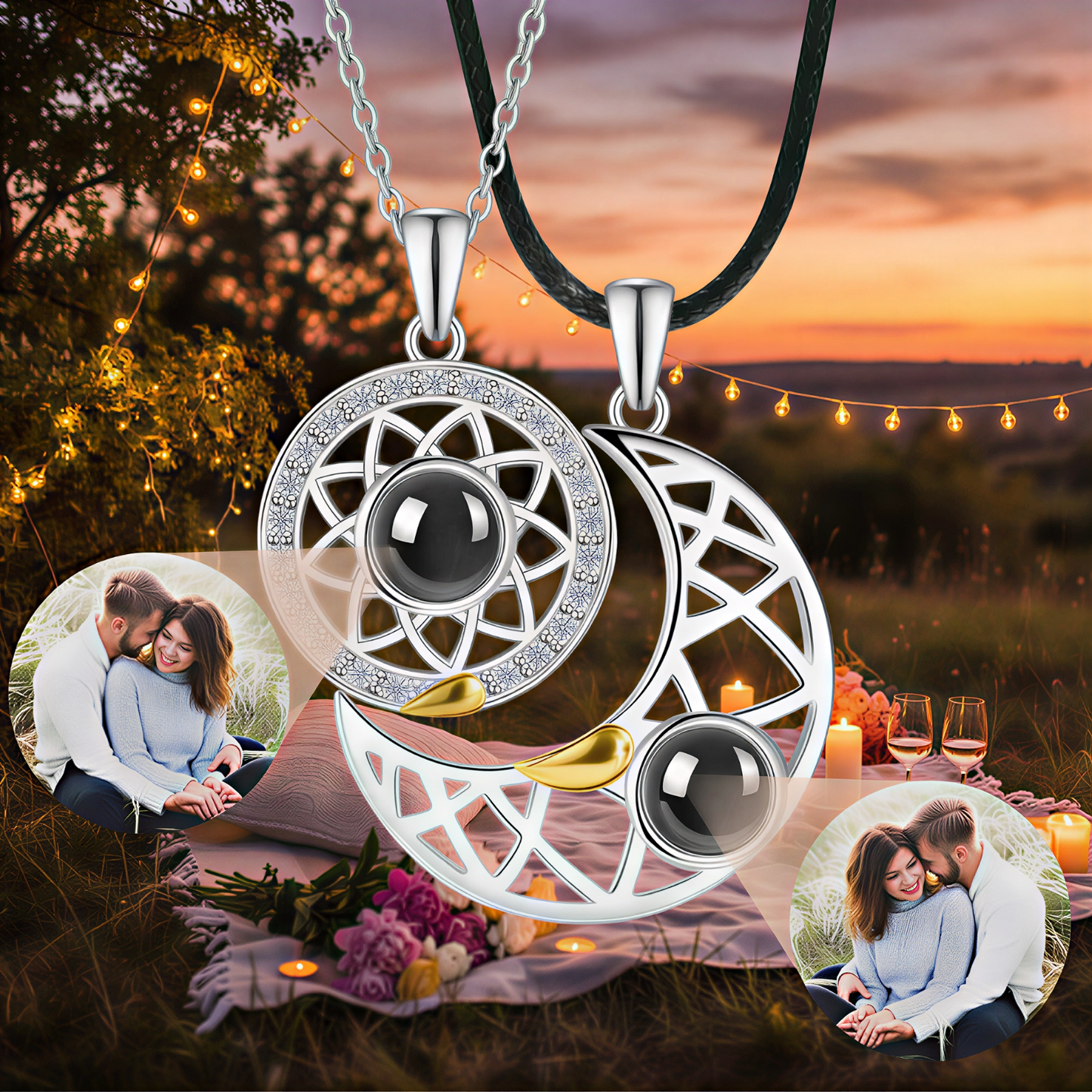 Partner-Halskettenset „Sonne und Mond“ – Projektionsanhänger mit Diamant- und Goldakzenten