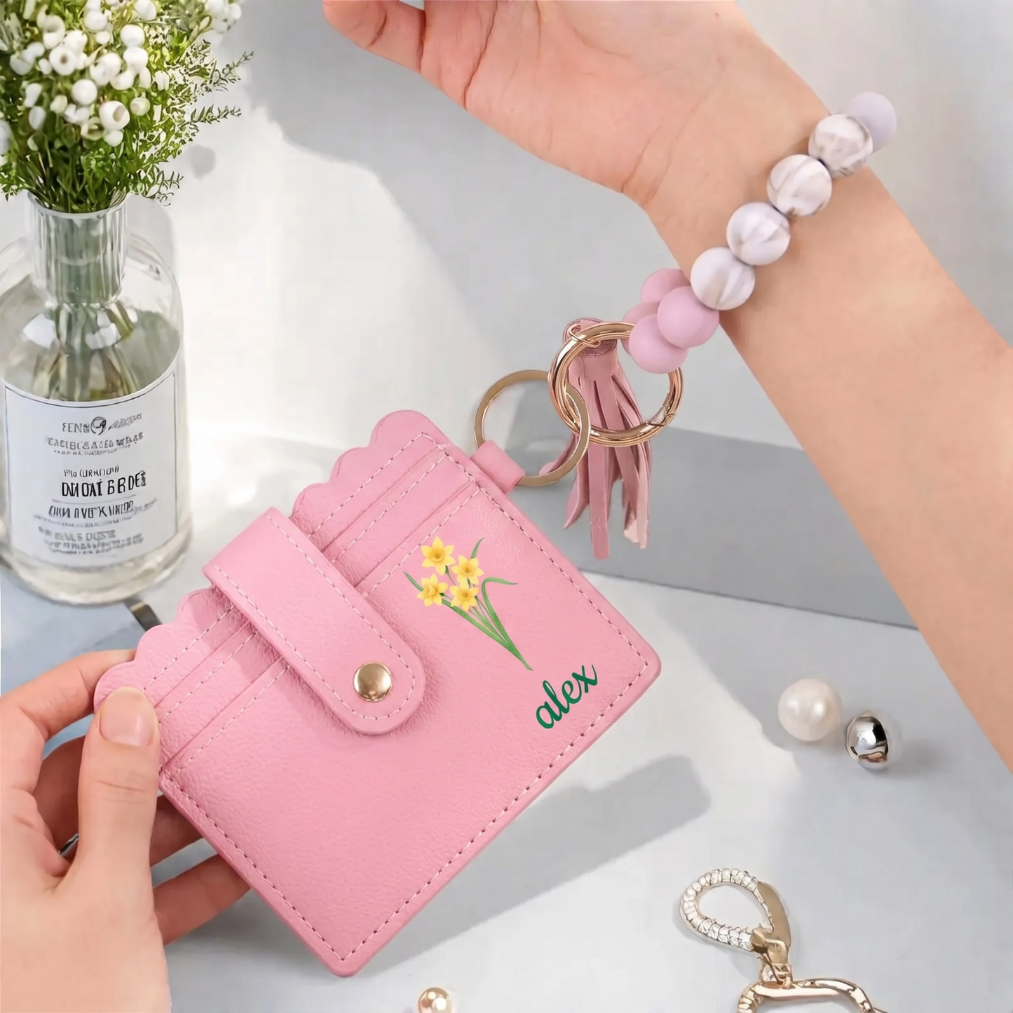Personalized Card Holder Keychain: Image & Birth Flower Gift