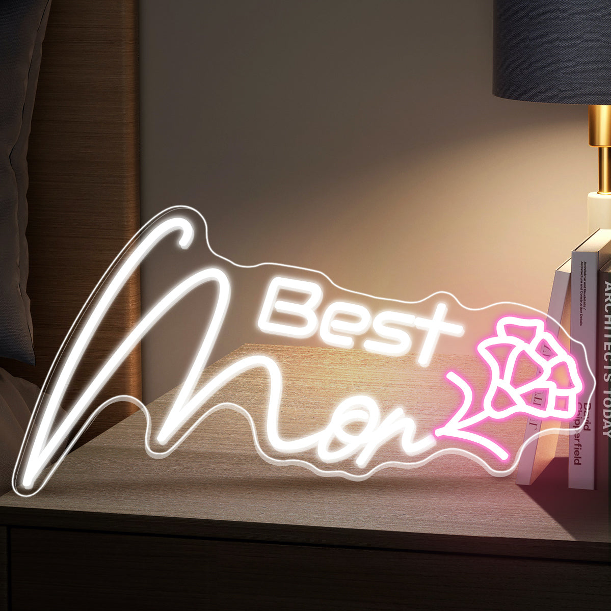 Best Mom Neon Sign - Elegant White Script & Pink Bloom LED Light for Mothers Day