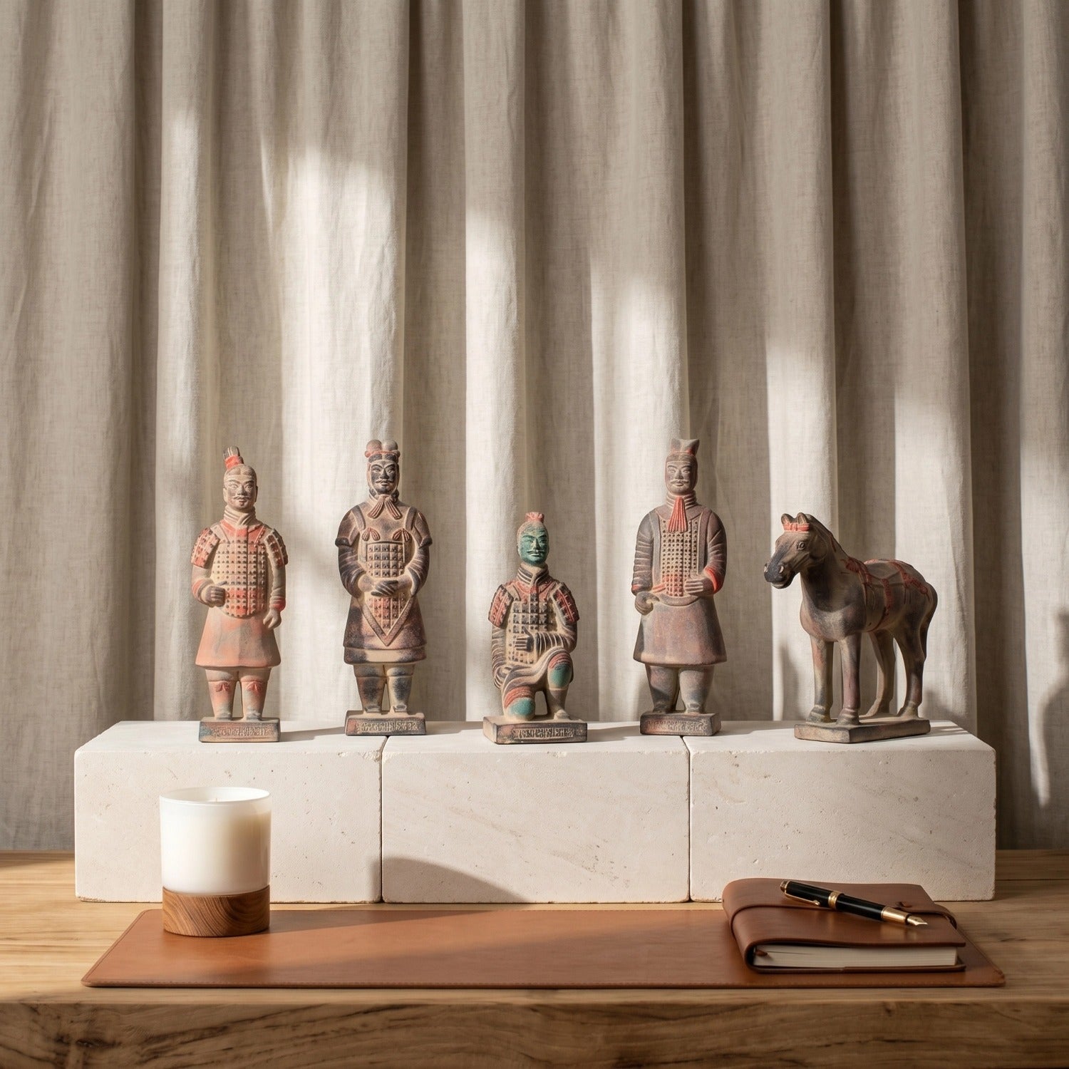 20CM Painted Five Piece Set - CLAYARMY-Close-up shot highlighting the hand-painted precision on Clayarmy's 20CM Painted Terracotta Warrior and Horse collection.