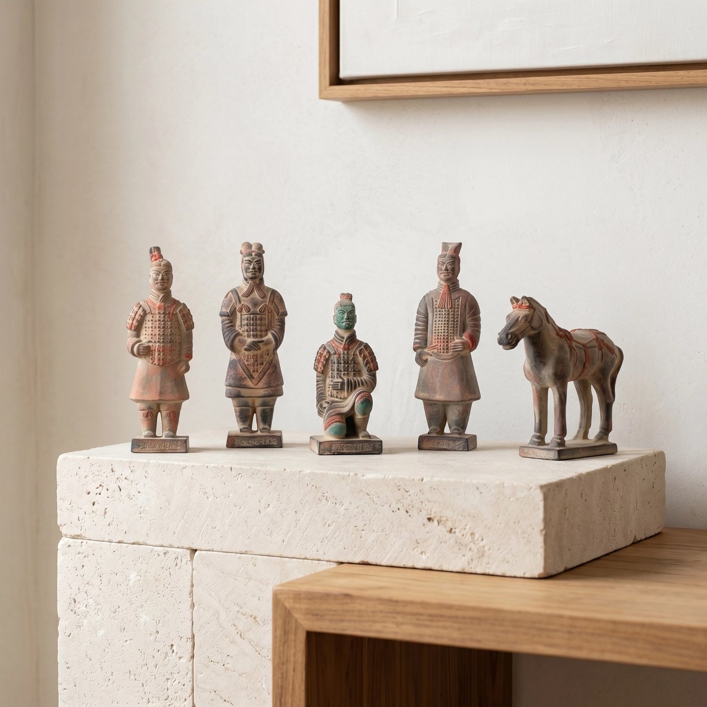 20CM Painted Five Piece Set - CLAYARMY-Close-up shot highlighting the hand-painted precision on Clayarmy's 20CM Painted Terracotta Warrior and Horse collection.