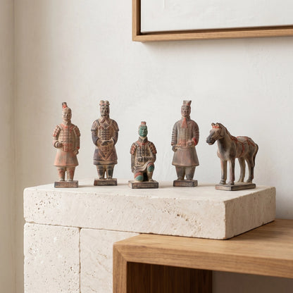 20CM Painted Five Piece Set - CLAYARMY-Close-up shot highlighting the hand-painted precision on Clayarmy's 20CM Painted Terracotta Warrior and Horse collection.