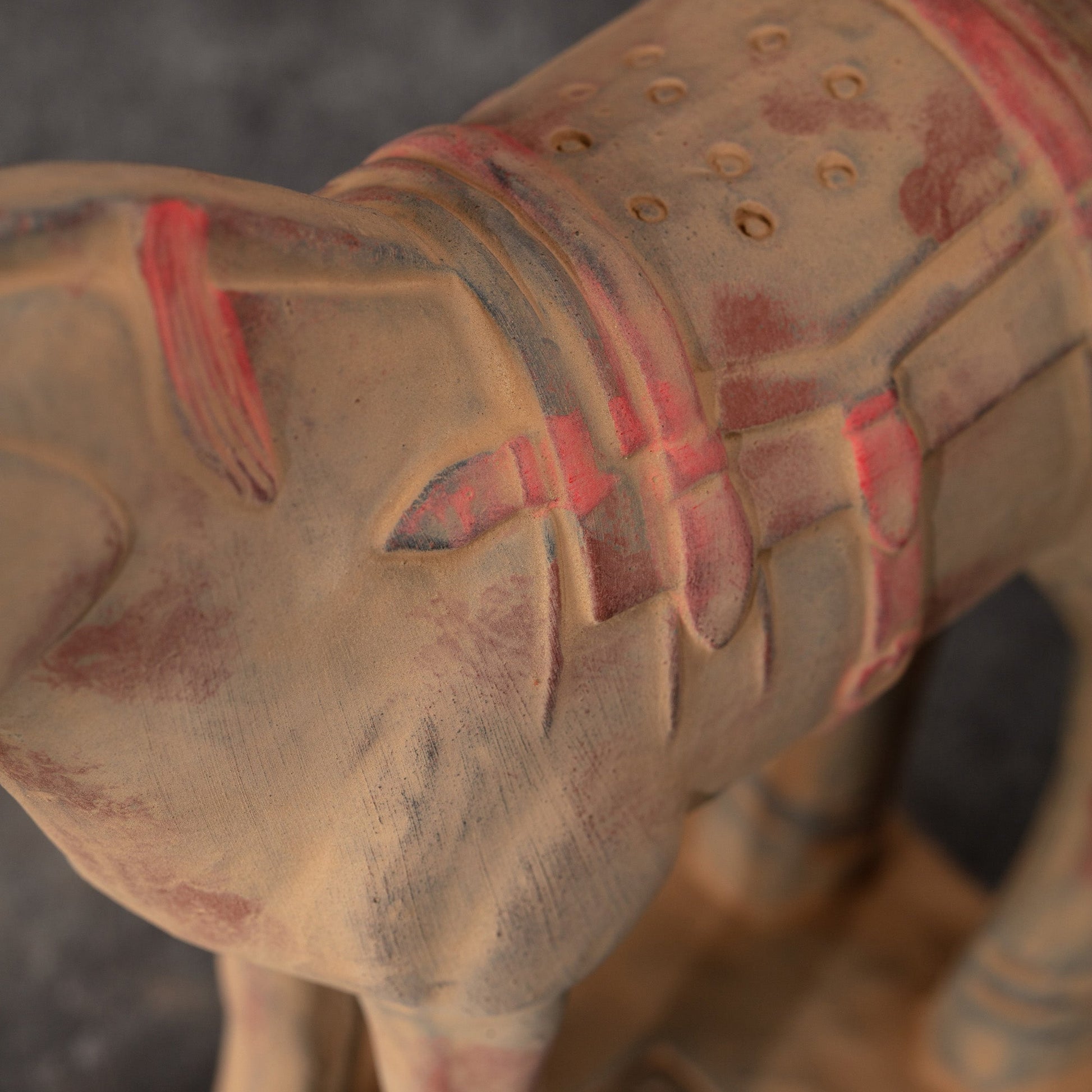 20CM Painted Horse - CLAYARMY -Side profile showcasing the intricate details on the saddle of our 20CM Painted Terracotta Horse replica.