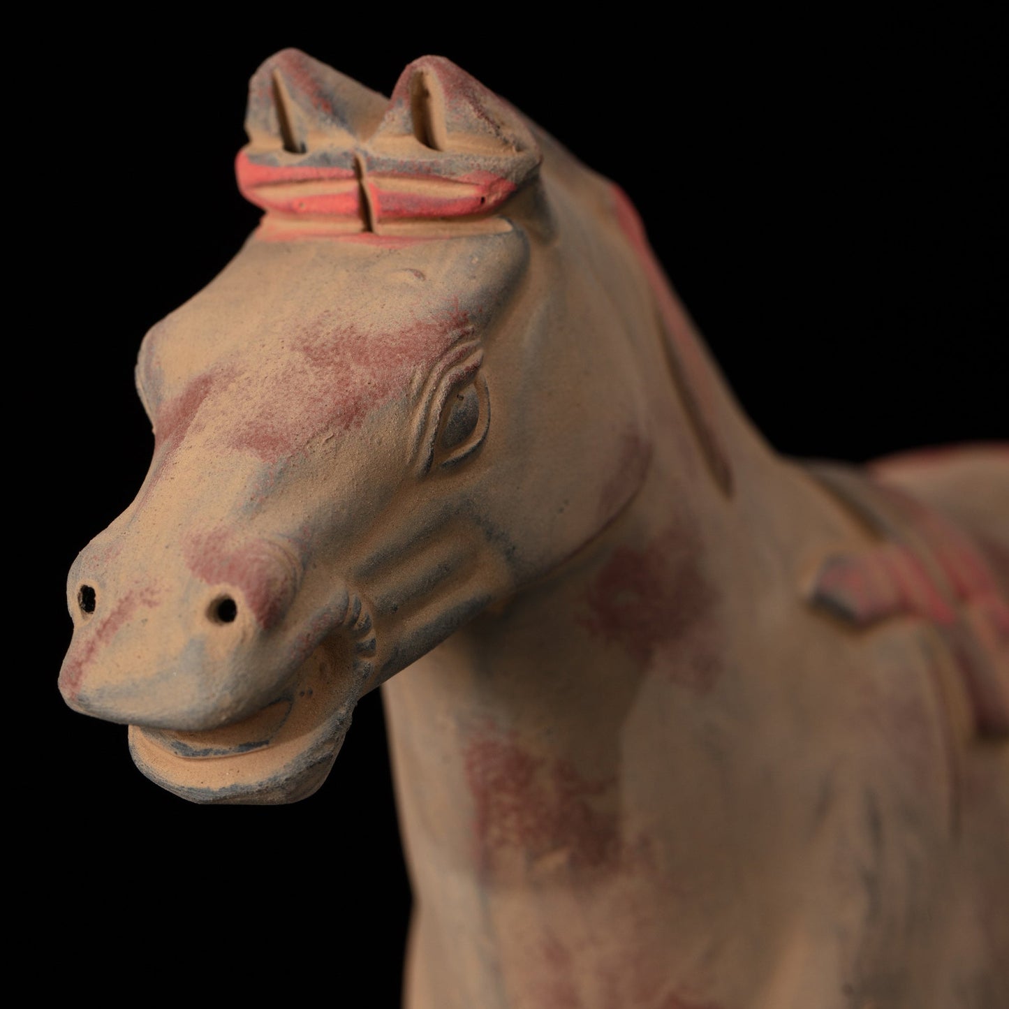 20CM Painted Horse - CLAYARMY -Close-up of the expressive eyes and ears, showcasing the painted details that bring our 20CM Clayarmy Terracotta Painted Horse to life.