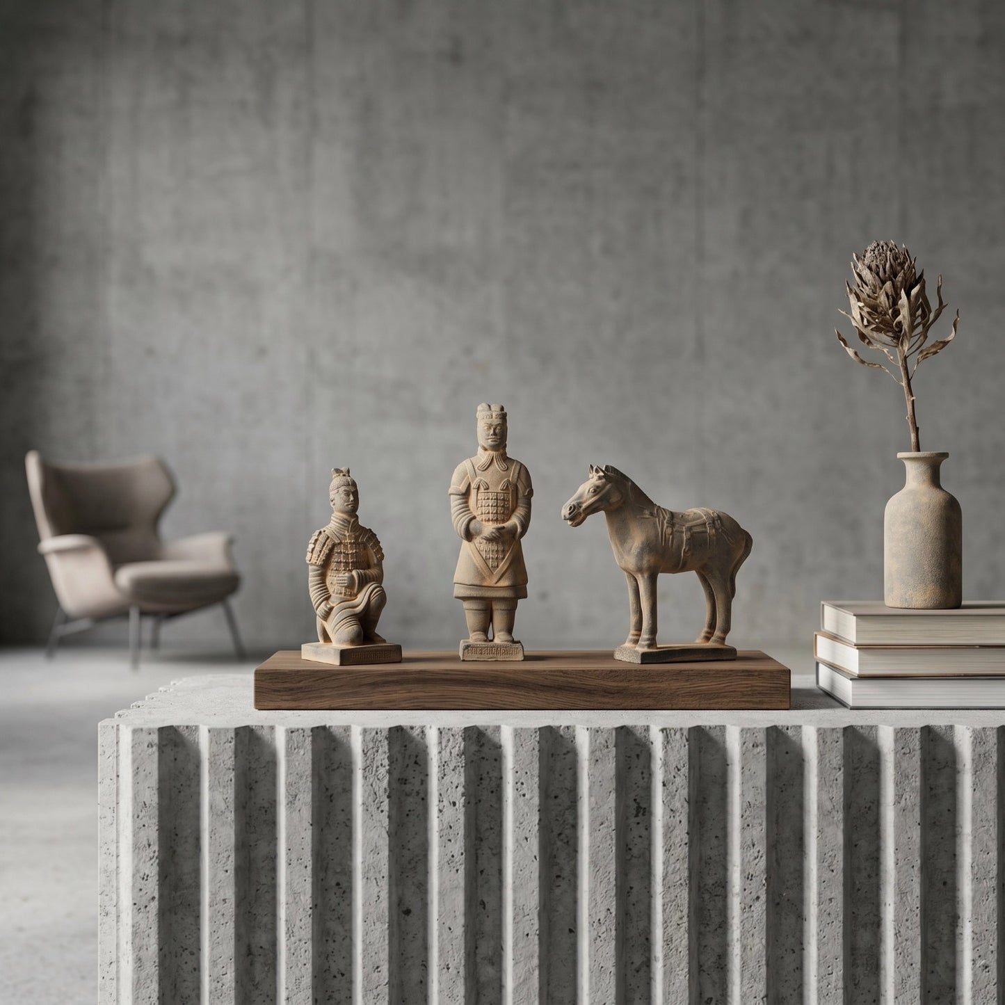 20CM Three Piece Set - CLAYARMY - Close-up shot showcasing the meticulous sculpting on Clayarmy's 20CM Terracotta Warrior and Horse ensemble.
