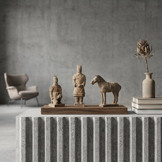 20CM Three Piece Set - CLAYARMY - Close-up shot showcasing the meticulous sculpting on Clayarmy's 20CM Terracotta Warrior and Horse ensemble.