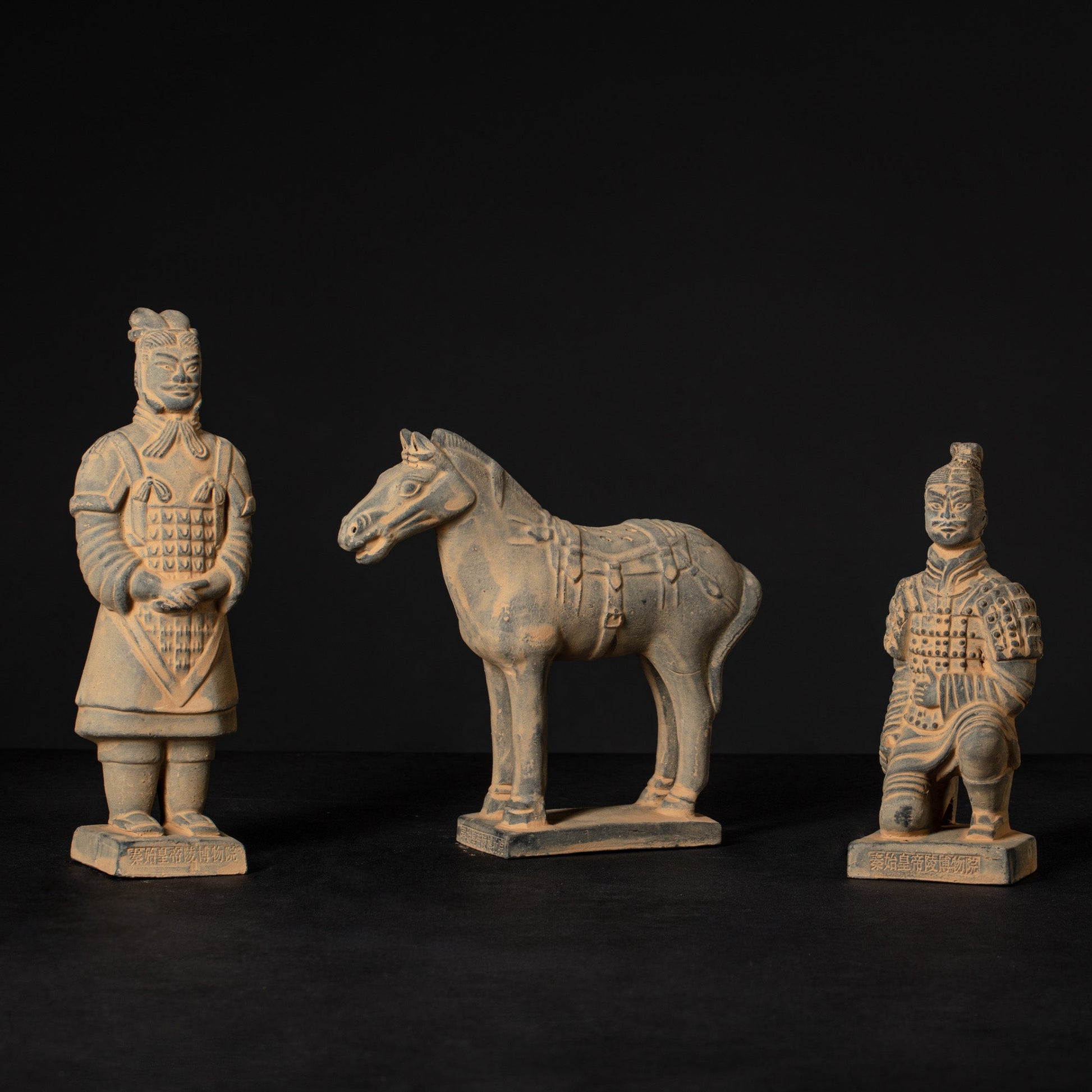 20CM Three Piece Set - CLAYARMY - Close-up shot showcasing the meticulous sculpting on Clayarmy's 20CM Terracotta Warrior and Horse ensemble.