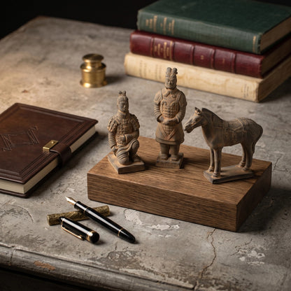 20CM Three Piece Set - CLAYARMY - Close-up shot showcasing the meticulous sculpting on Clayarmy's 20CM Terracotta Warrior and Horse ensemble.