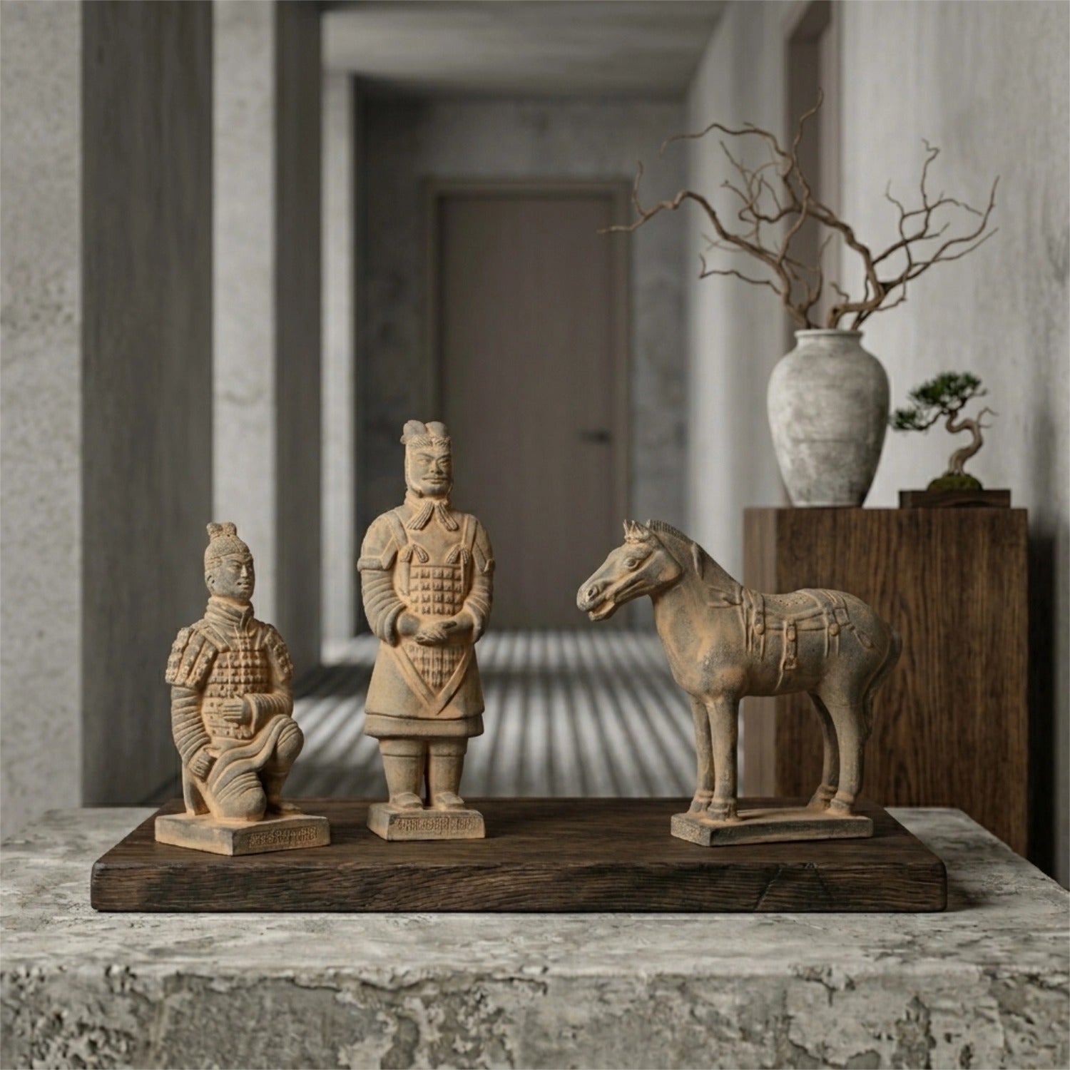 20CM Three Piece Set - CLAYARMY - Close-up shot showcasing the meticulous sculpting on Clayarmy's 20CM Terracotta Warrior and Horse ensemble.