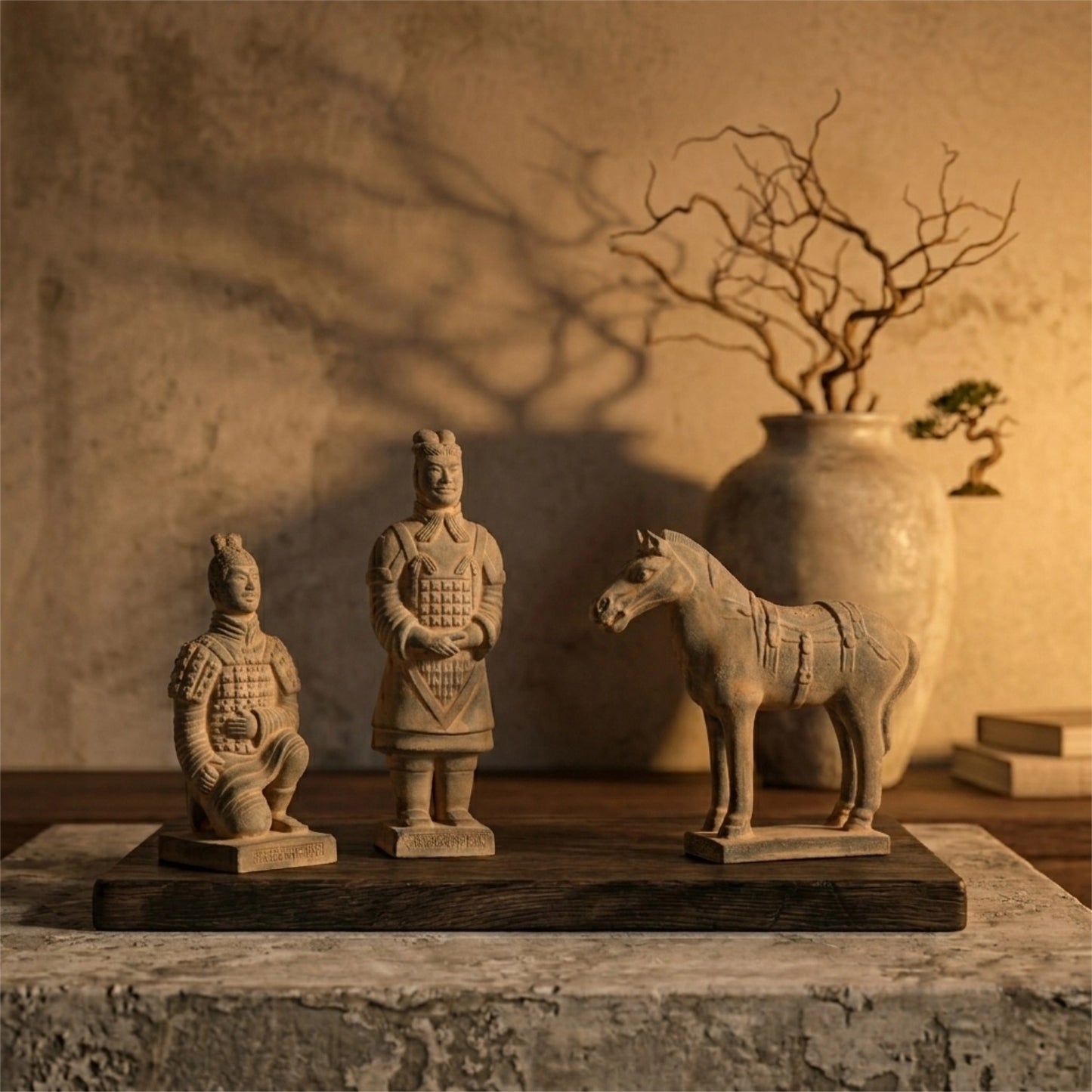 20CM Three Piece Set - CLAYARMY - Close-up shot showcasing the meticulous sculpting on Clayarmy's 20CM Terracotta Warrior and Horse ensemble.