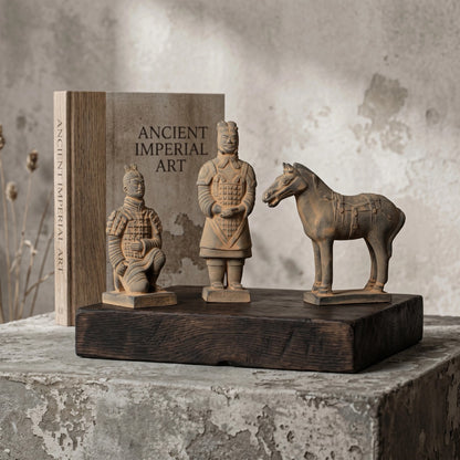 20CM Three Piece Set - CLAYARMY - Close-up shot showcasing the meticulous sculpting on Clayarmy's 20CM Terracotta Warrior and Horse ensemble.