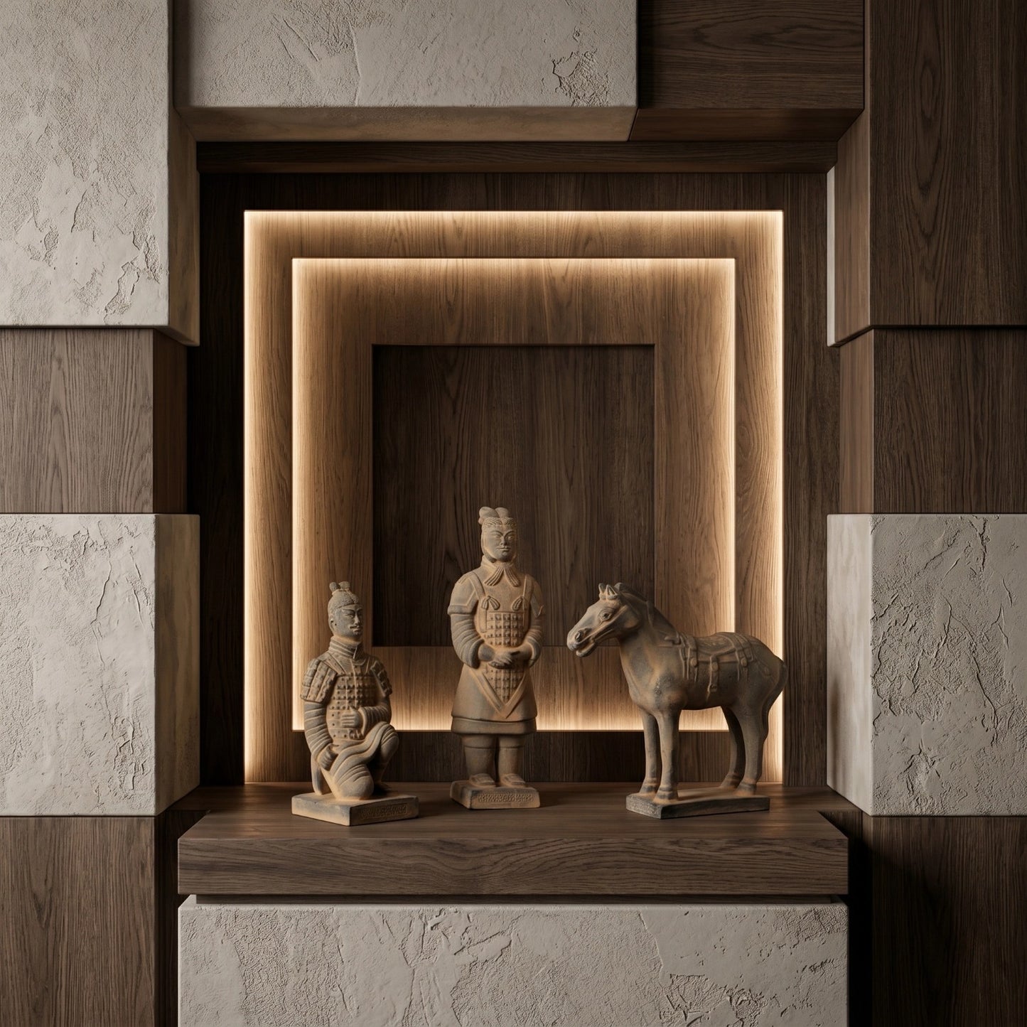 20CM Three Piece Set - CLAYARMY - Close-up shot showcasing the meticulous sculpting on Clayarmy's 20CM Terracotta Warrior and Horse ensemble.