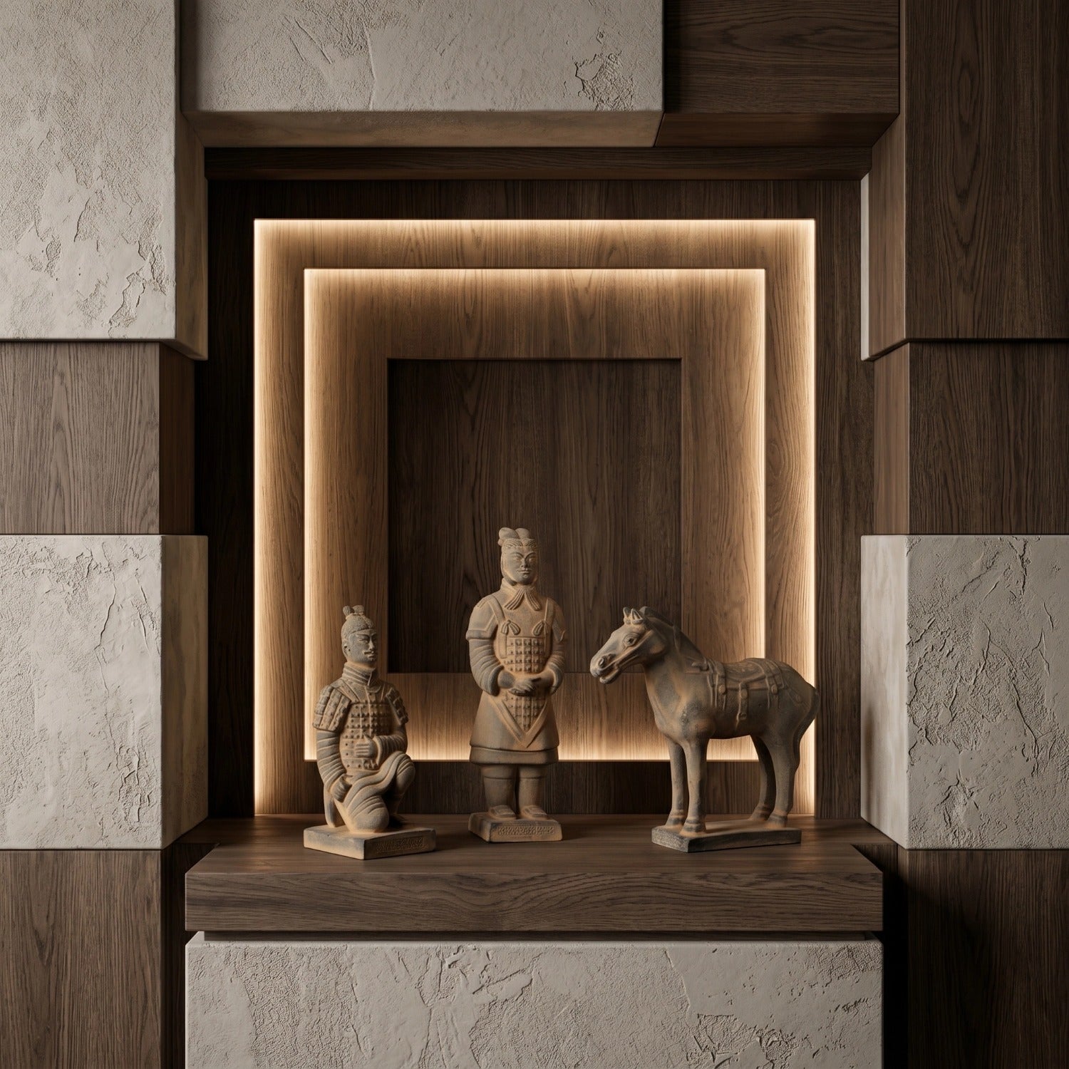20CM Three Piece Set - CLAYARMY - Close-up shot showcasing the meticulous sculpting on Clayarmy's 20CM Terracotta Warrior and Horse ensemble.