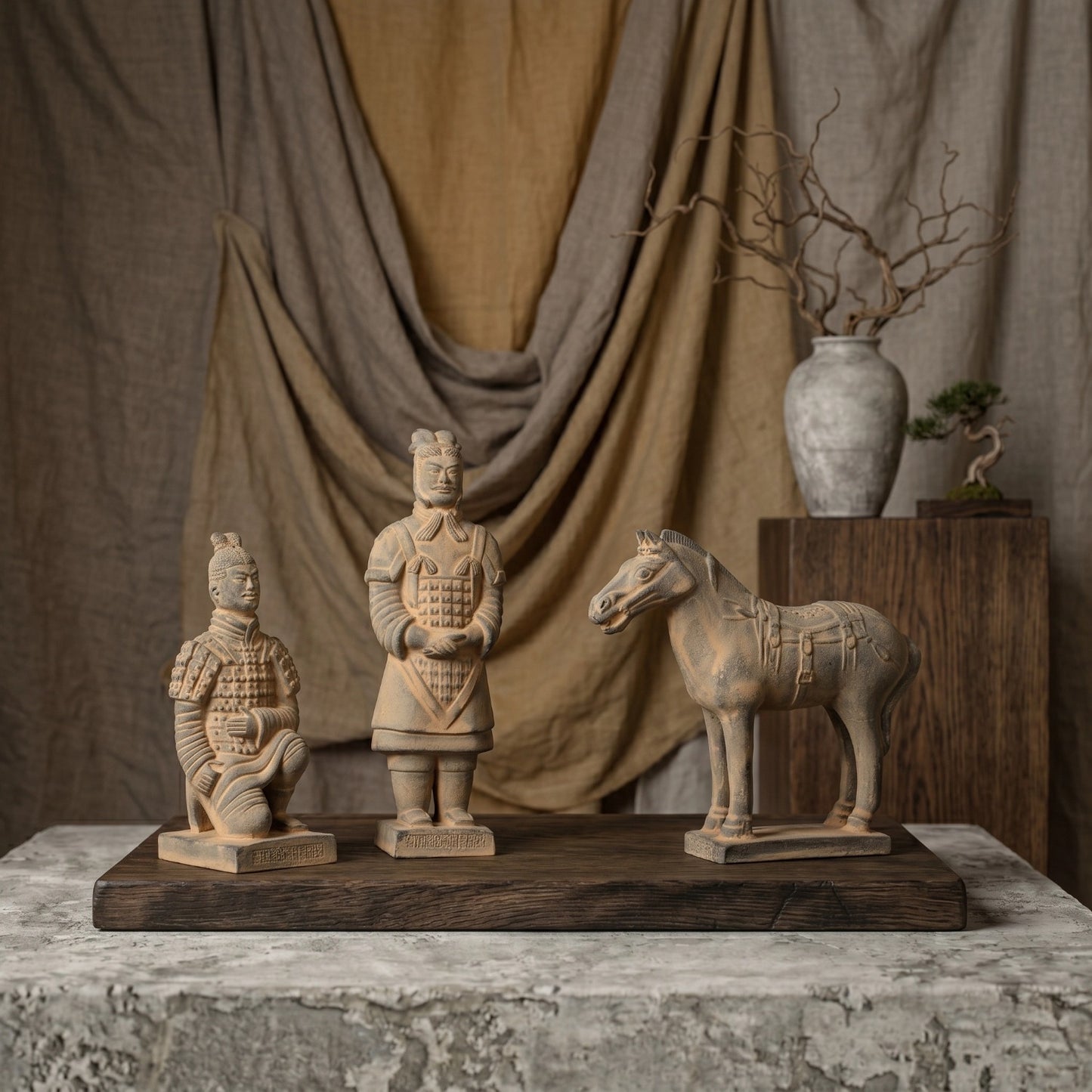 20CM Three Piece Set - CLAYARMY - Close-up shot showcasing the meticulous sculpting on Clayarmy's 20CM Terracotta Warrior and Horse ensemble.