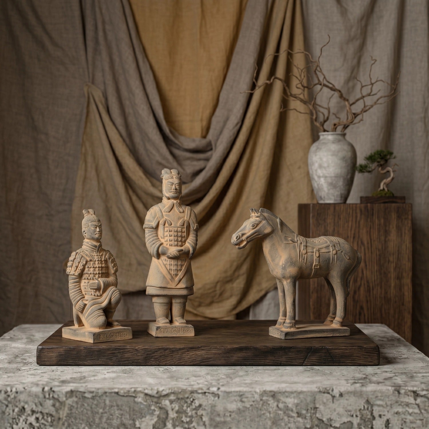 20CM Three Piece Set - CLAYARMY - Close-up shot showcasing the meticulous sculpting on Clayarmy's 20CM Terracotta Warrior and Horse ensemble.