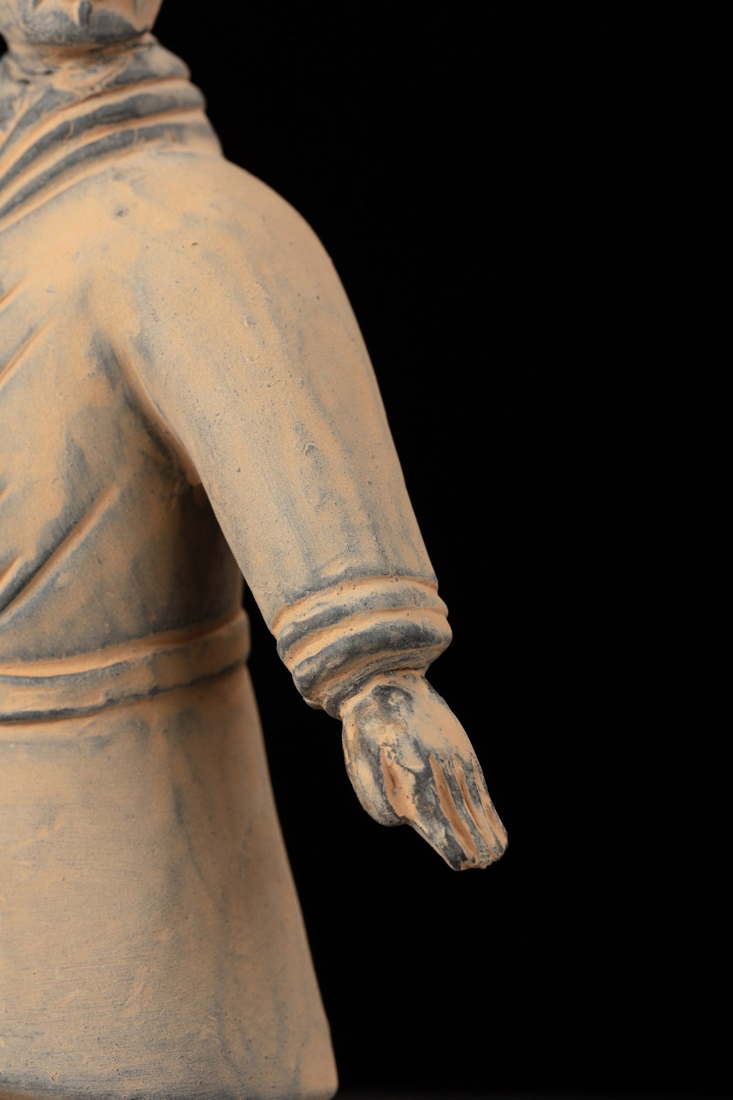 20CM Standing Archer - CLAYARMY-Close-up view of the intricate details on the weapon and armor of the 20CM Terracotta Army Standing Archer, showcasing expert craftsmanship.