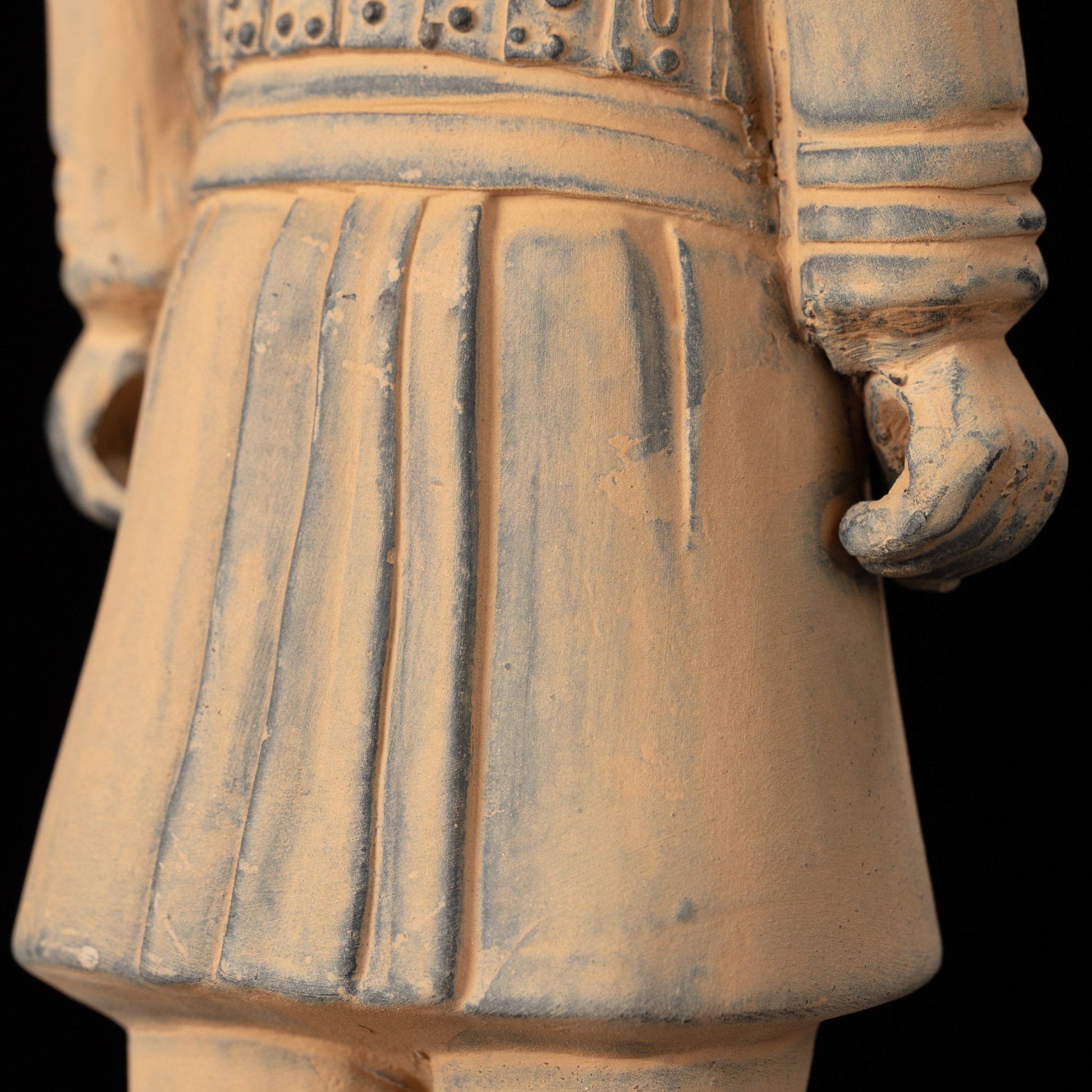 25CM Cavalryman - CLAYARMY-Striking oblique angle capturing the 25CM Terracotta Army Cavalryman's unique flat bun hairstyle and the detailed sculpting of the knee-length jacket.