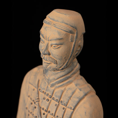 25CM Cavalryman - CLAYARMY-Top-down perspective capturing the intricate details of the 25CM Terracotta Army Cavalryman's unique flat bun and facial sculpting.