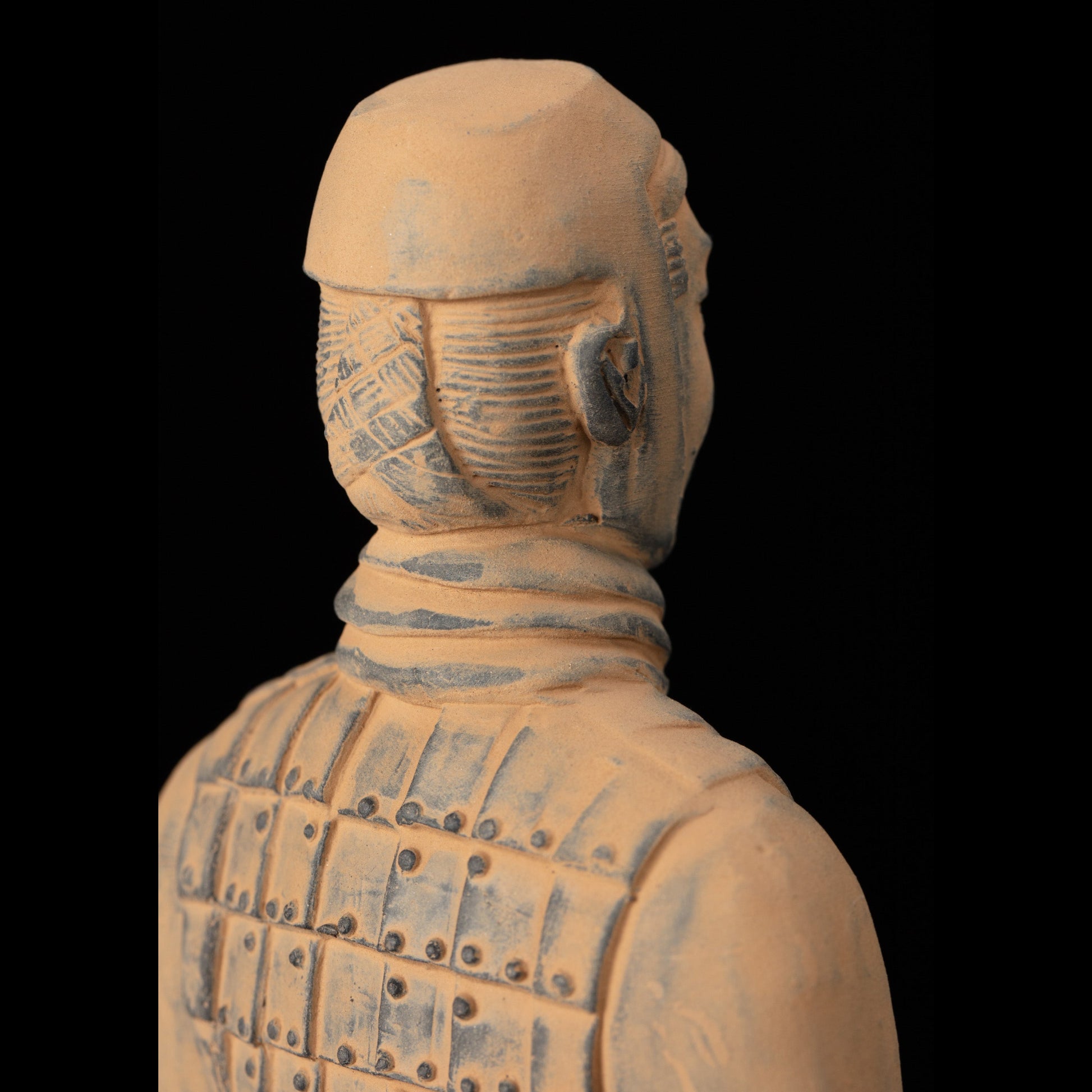 25CM Cavalryman - CLAYARMY-Top view highlighting the exquisite details of the 25CM Terracotta Army Cavalryman's headgear, armor, and overall presentation.