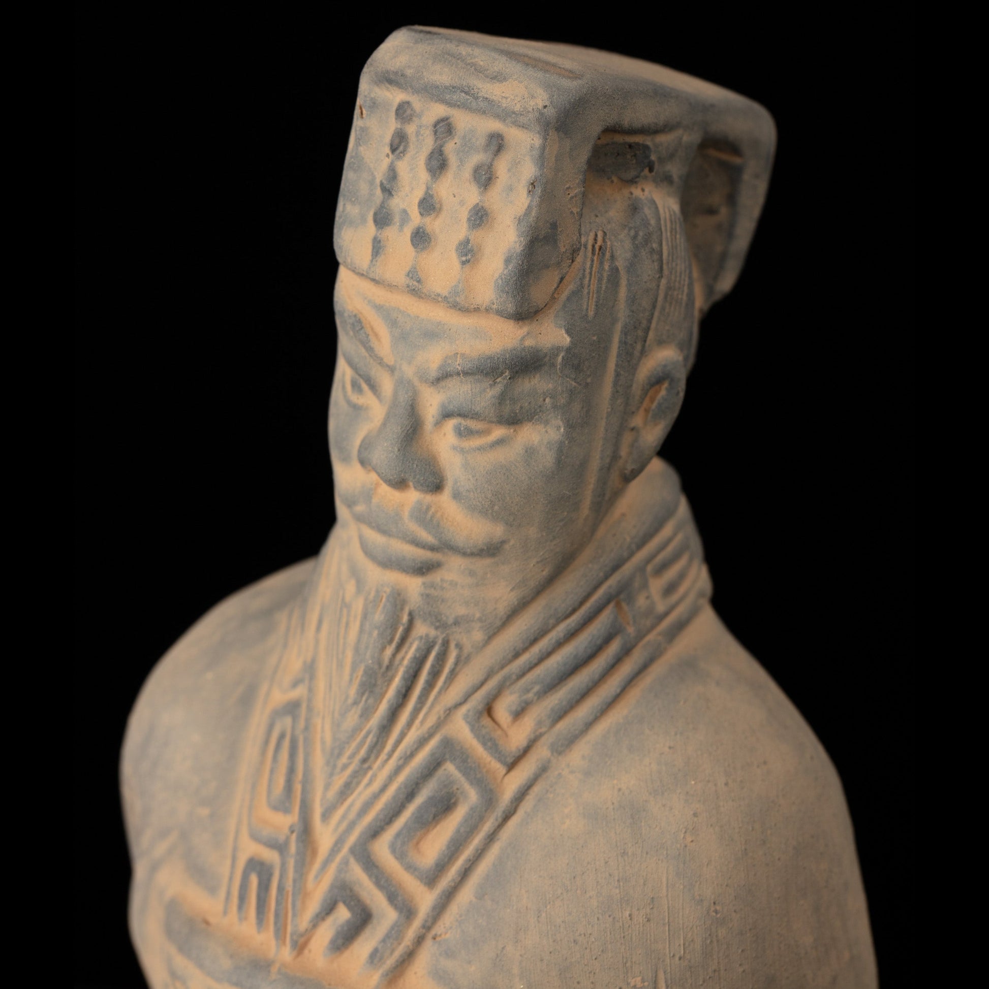 25CM Emperor - CLAYARMY -Close-up detail of the face of the 25CM Emperor Qin Terracotta Warrior, revealing intricate craftsmanship and historical allure.