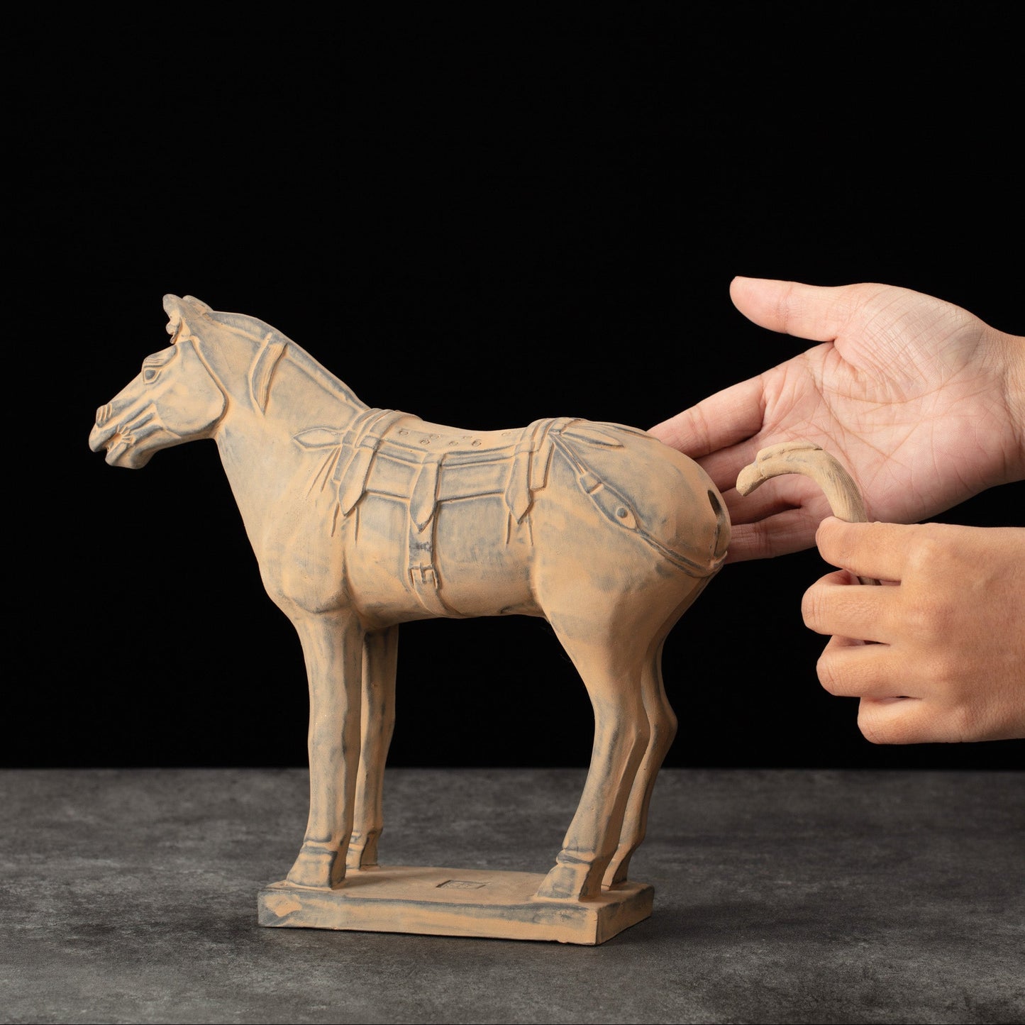 25CM Horse - CLAYARMY -Side profile showcasing the intricate details on the saddle of our 25CM Terracotta Horse replica.