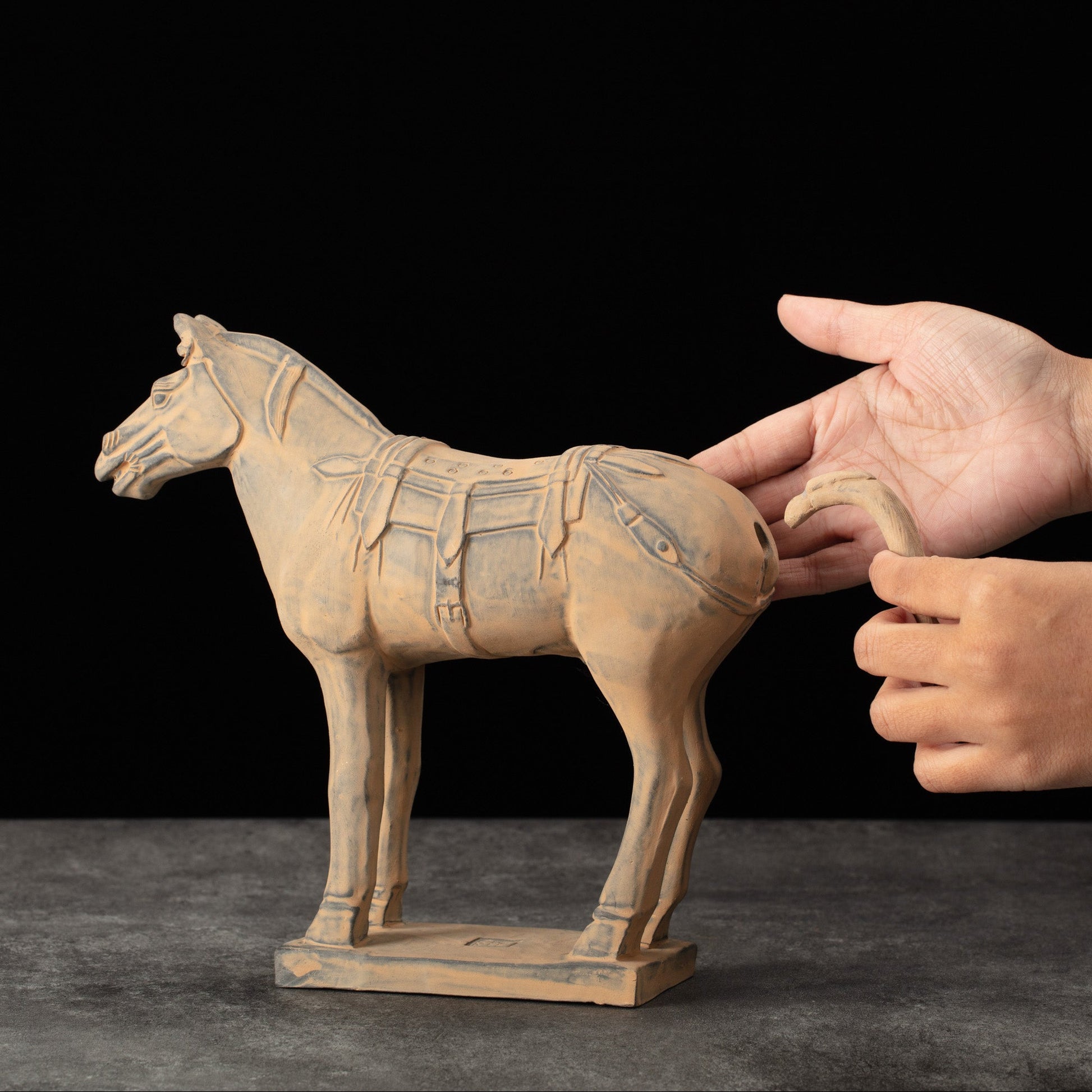 25CM Horse - CLAYARMY -Side profile showcasing the intricate details on the saddle of our 25CM Terracotta Horse replica.