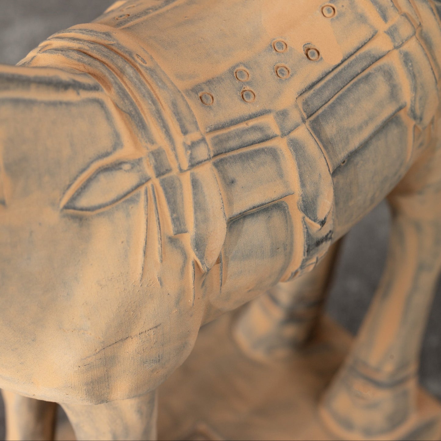 25CM Horse - CLAYARMY -Top-down perspective revealing the detailed craftsmanship of the saddle and harness on our 25CM Clayarmy Terracotta Horse.