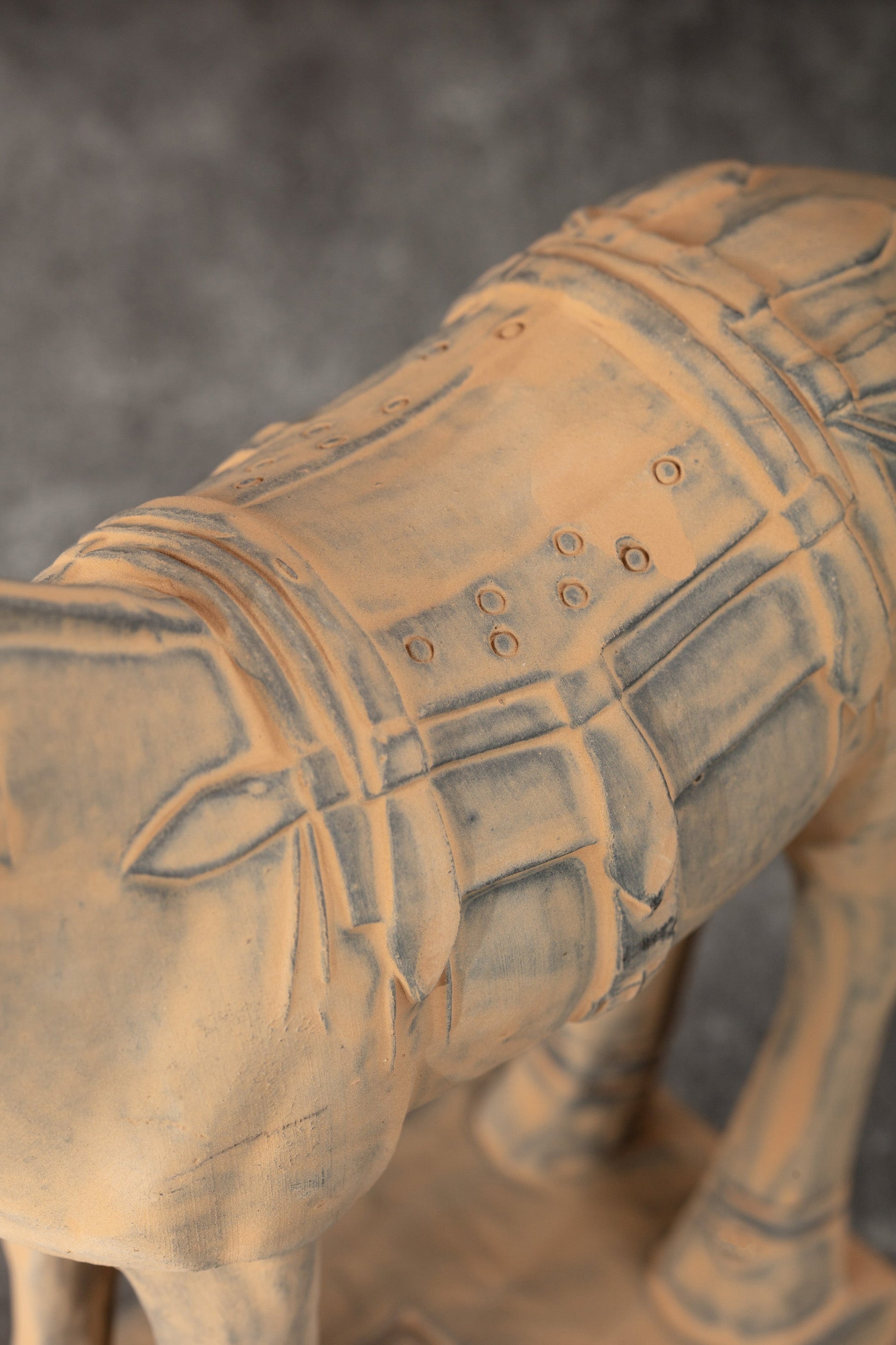 25CM Horse - CLAYARMY -Top-down perspective revealing the detailed craftsmanship of the saddle and harness on our 25CM Clayarmy Terracotta Horse.