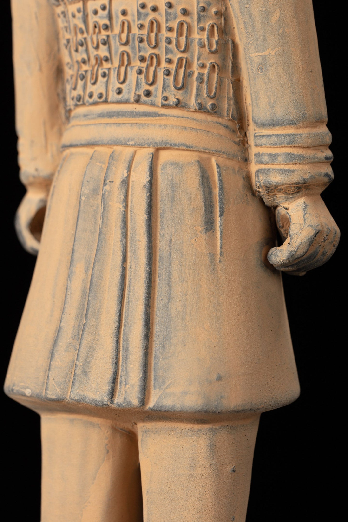 25CM Cavalryman - CLAYARMY-Striking oblique angle capturing the 25CM Terracotta Army Cavalryman's unique flat bun hairstyle and the detailed sculpting of the knee-length jacket.