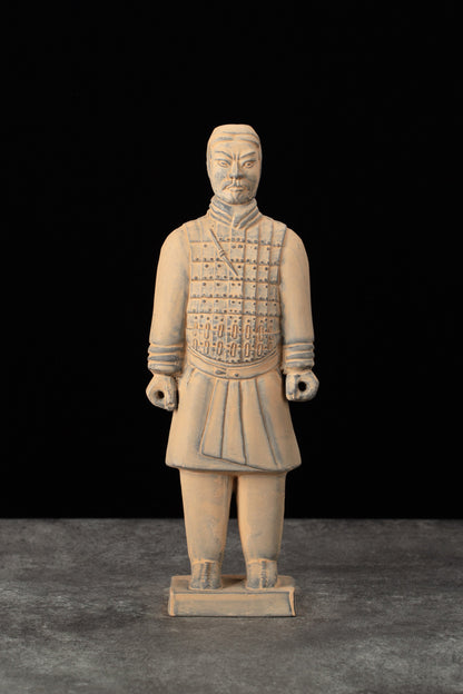 25CM Cavalryman - CLAYARMY-Front view of the 25CM Terracotta Army Cavalryman figurine, featuring a detailed flat bun, knee-length jacket, and leather boots.