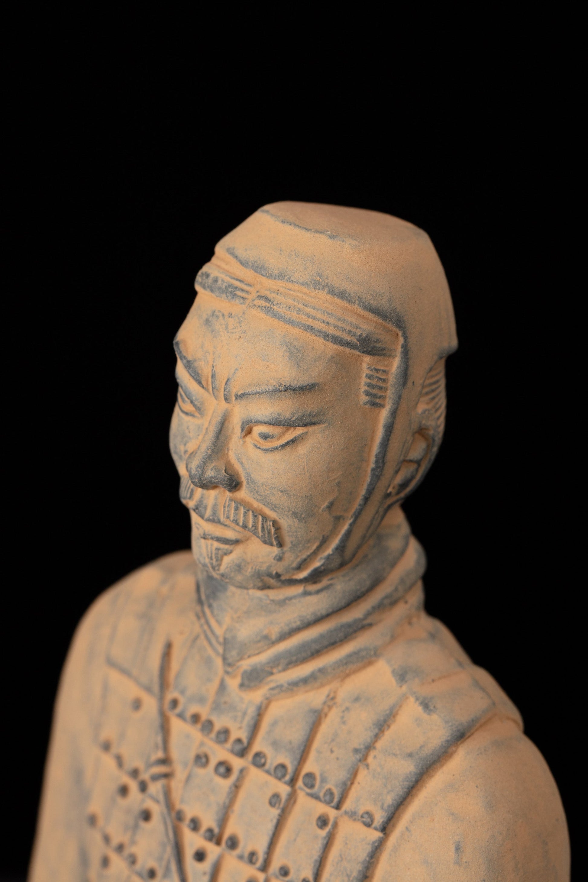 25CM Cavalryman - CLAYARMY-Top-down perspective capturing the intricate details of the 25CM Terracotta Army Cavalryman's unique flat bun and facial sculpting.