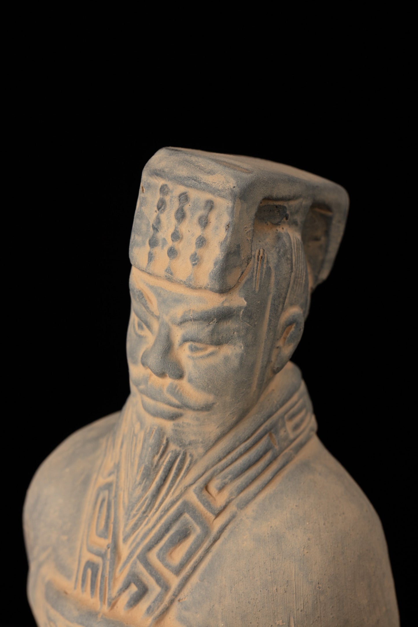 25CM Emperor - CLAYARMY -Close-up detail of the face of the 25CM Emperor Qin Terracotta Warrior, revealing intricate craftsmanship and historical allure.