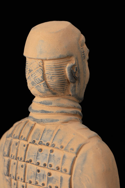 25CM Cavalryman - CLAYARMY-Top view highlighting the exquisite details of the 25CM Terracotta Army Cavalryman's headgear, armor, and overall presentation.