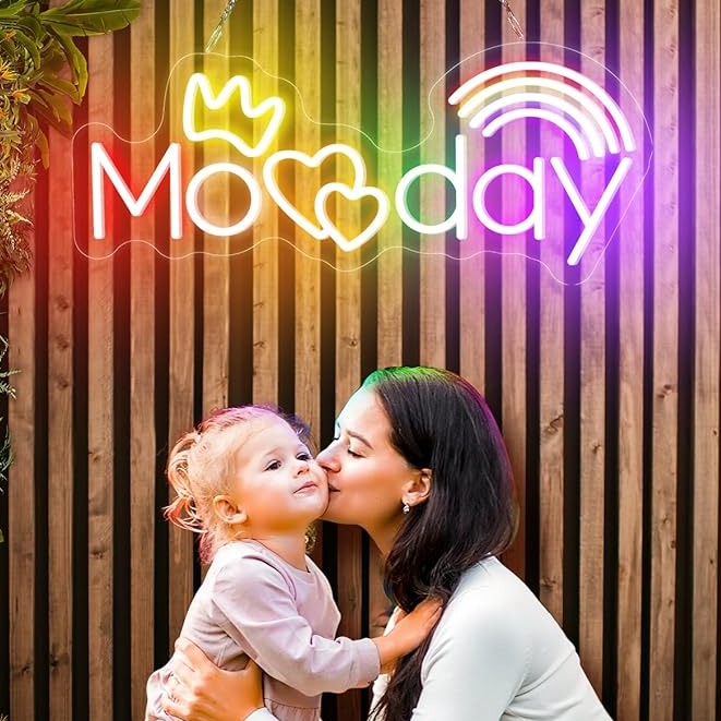 „Momday“ – Neon-Nachtlicht zum Muttertag – Handgefertigte LED-Nachtlichter mit Regenbogenherzen und Krone