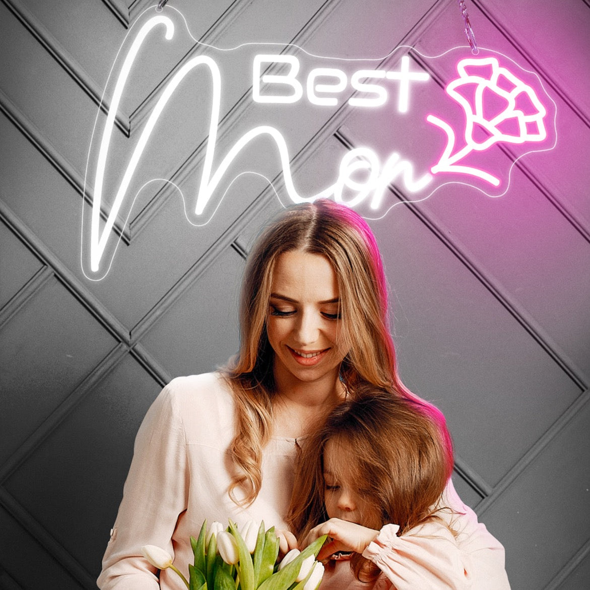 Best Mom Neon Sign - Elegant White Script & Pink Bloom LED Light for Mothers Day