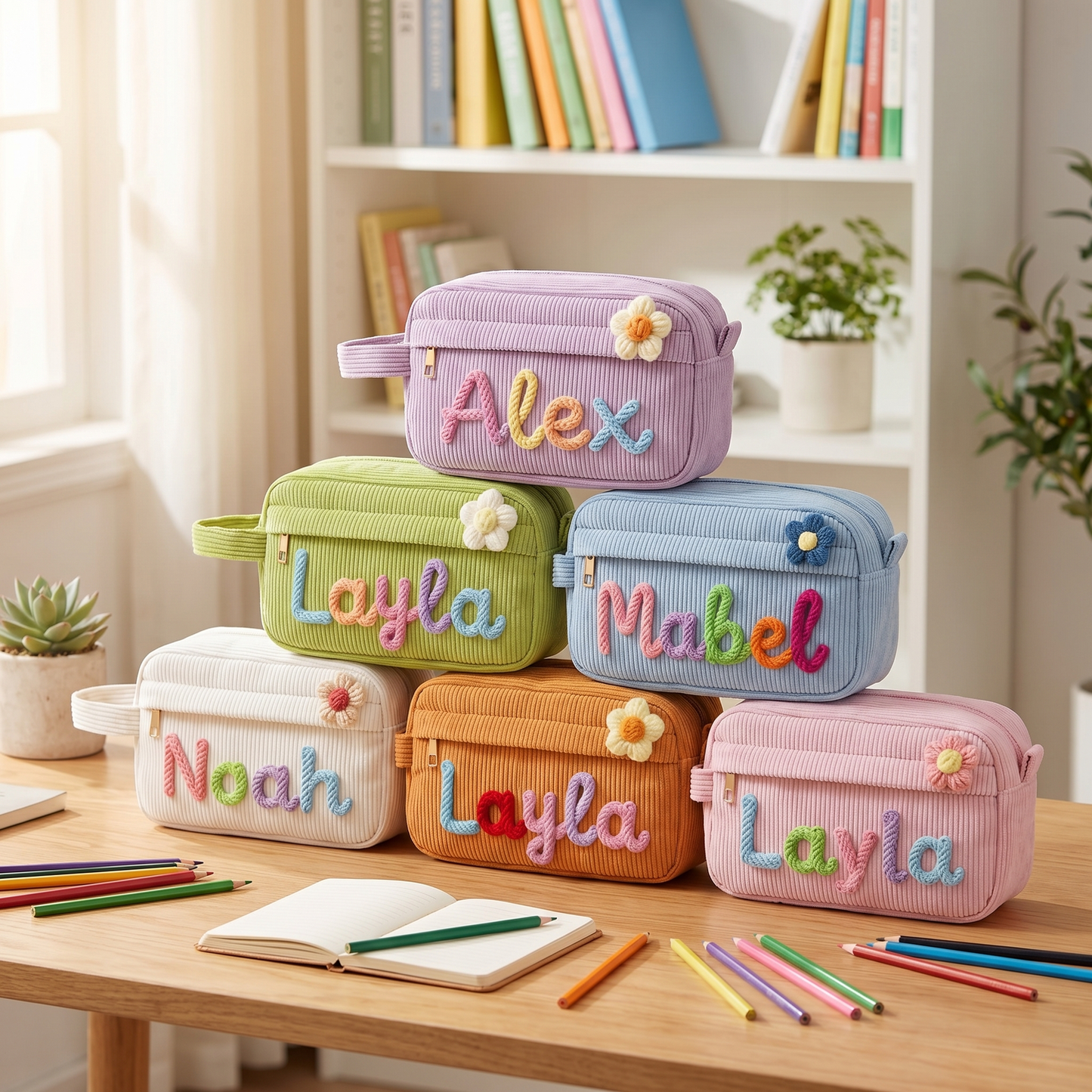 Custom Corduroy Pouch: 3D Rainbow Embroidered Name