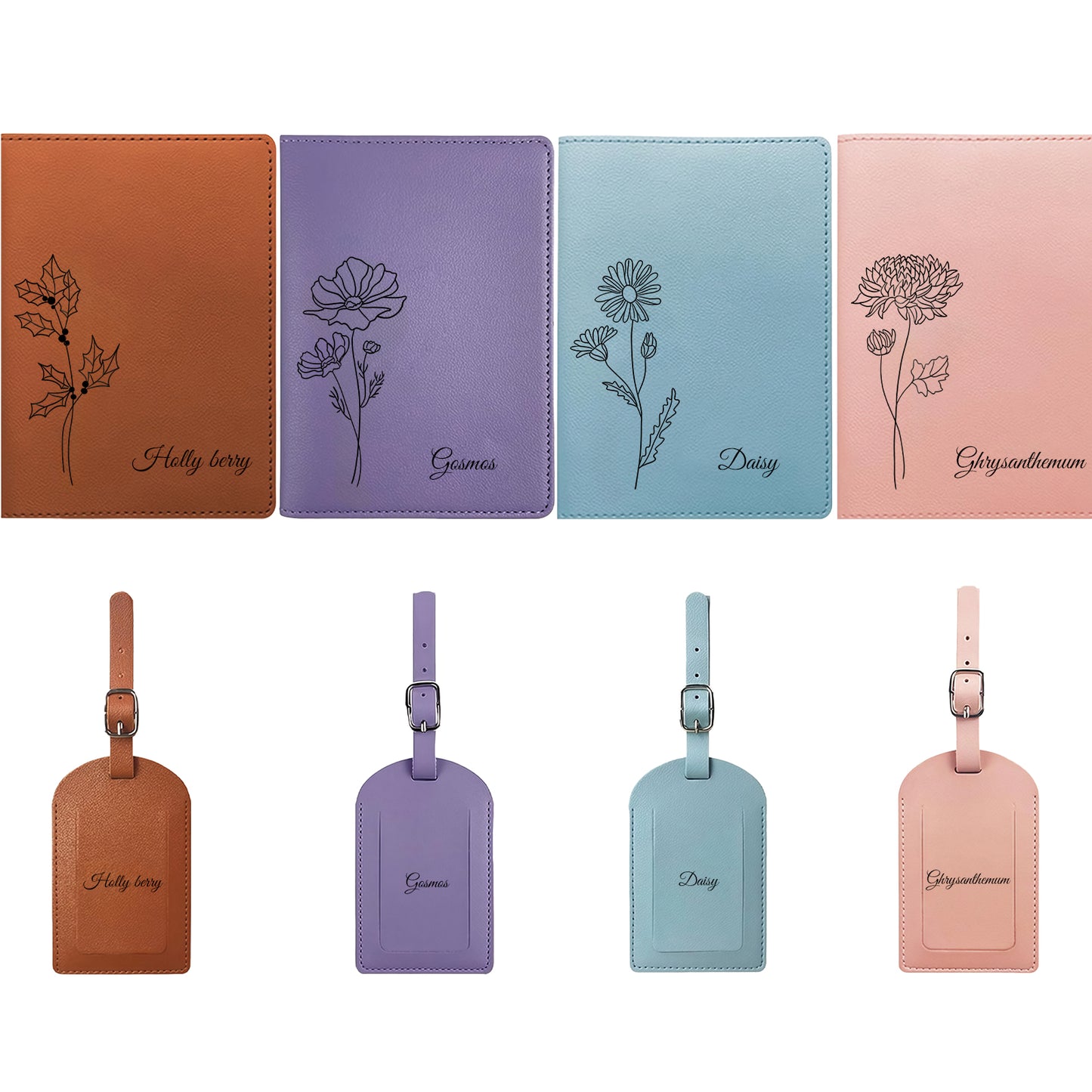 Passport Holder & Luggage Tag Set - Personalized Floral Pattern Matching Gift