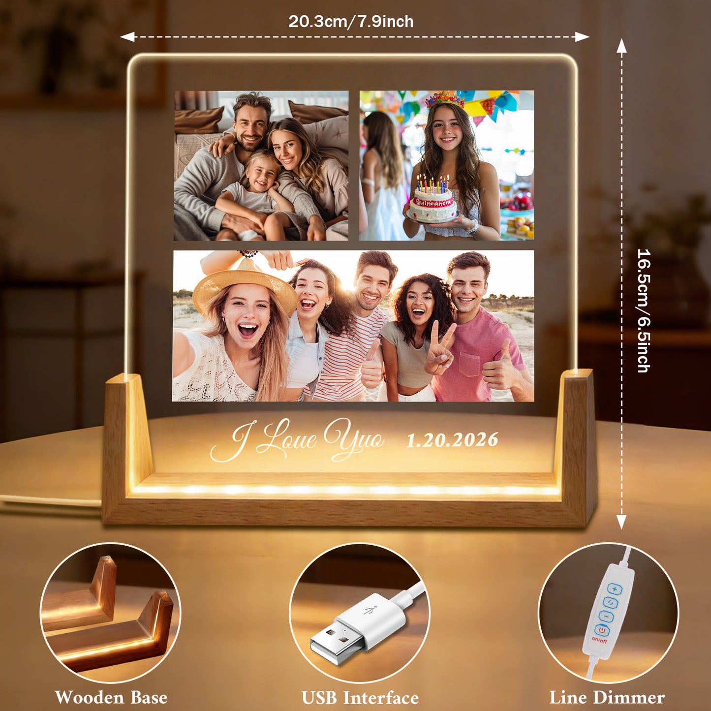 Personalized 1～5-Photo Collage LED Night Light - Custom Acrylic Lamp with Wooden Base for Couples, Family & Friends