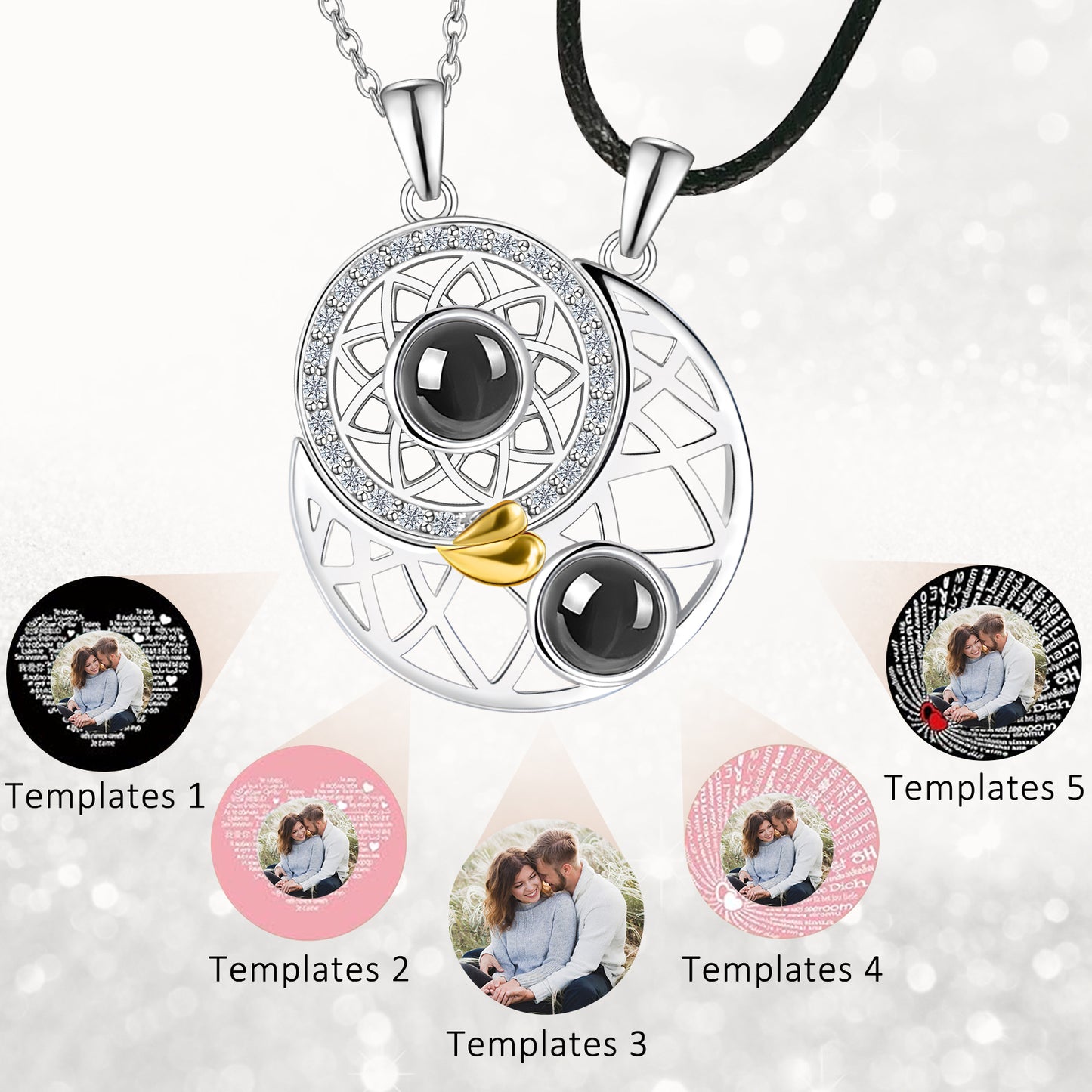 Partner-Halskettenset „Sonne und Mond“ – Projektionsanhänger mit Diamant- und Goldakzenten