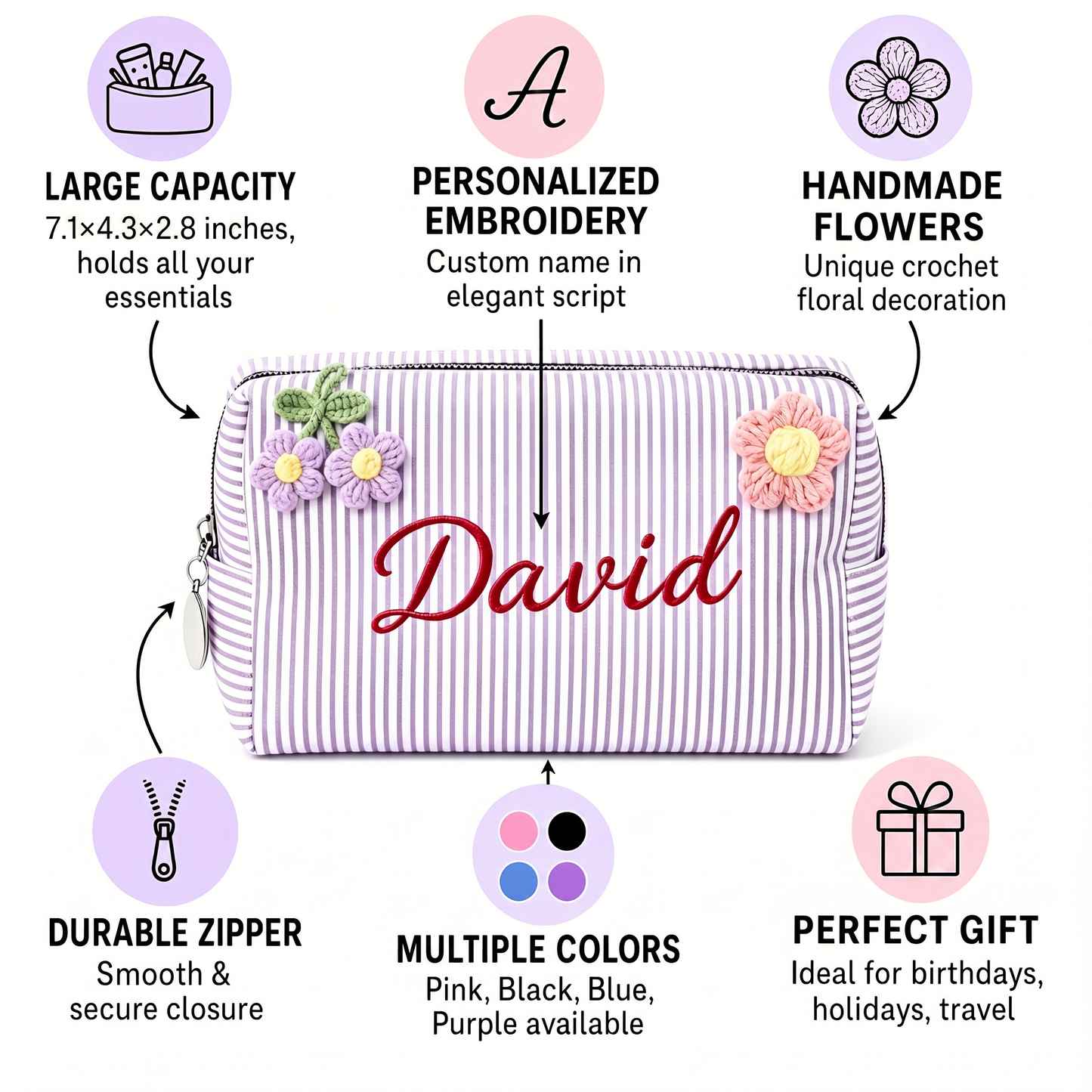 Custom Name Striped Makeup Bag: Handmade Crochet Flower Pouch